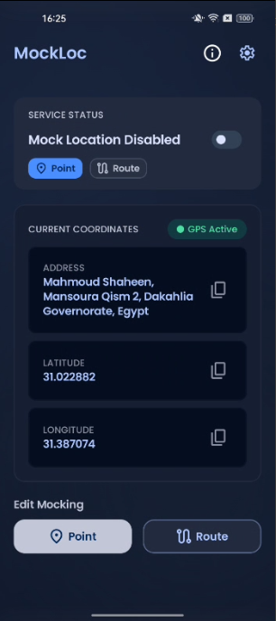 Mock Loc app showing service status and current coordinates